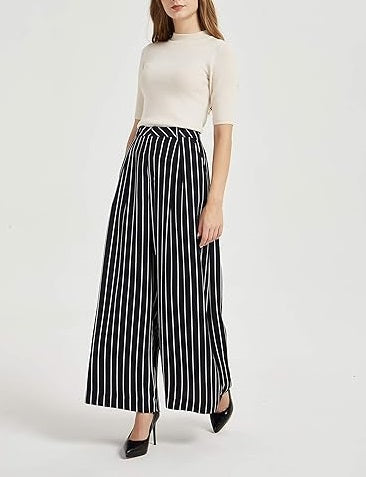 Classic Black - White Striped High - Waisted Wide - Leg Skirt Pants, Draped Loose Casual Trousers（Sizes S - XL）